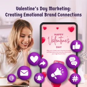 Woman viewing her phone with emoticons that represent marketing